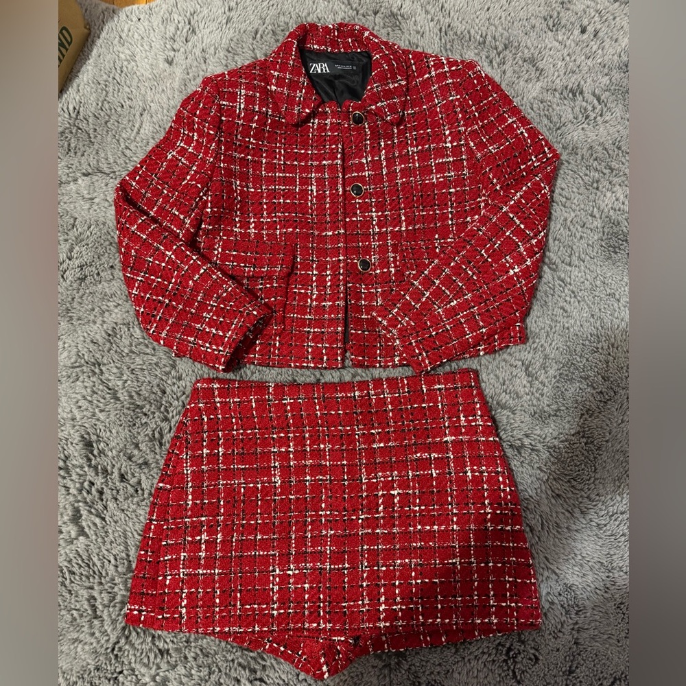 Zara Red and White Tweed Jacket and Skort Set